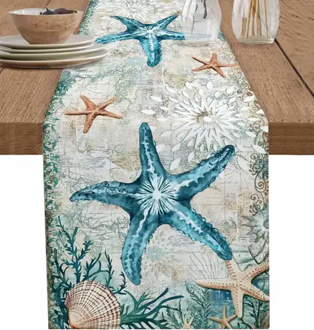 Teal Coral Nautical Starfish Linen Table Runner Dresser Scarves Table Decor Farmhouse Kitchen Dining Table Runner Party Decor