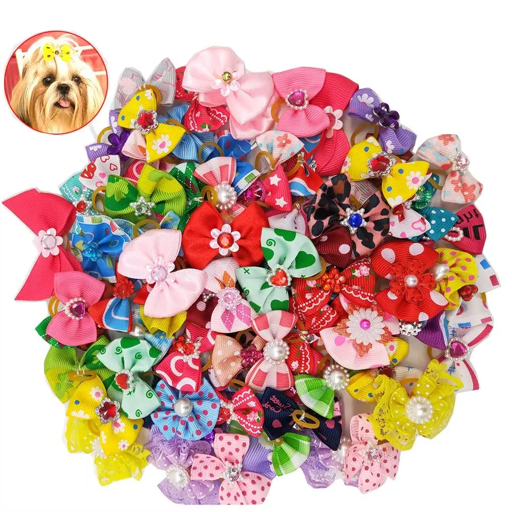 100Pcs/lot Pet Hair Bows Dog Headwear Leather Band Wholesale Dog Stuff Grooming  Dog Assessories