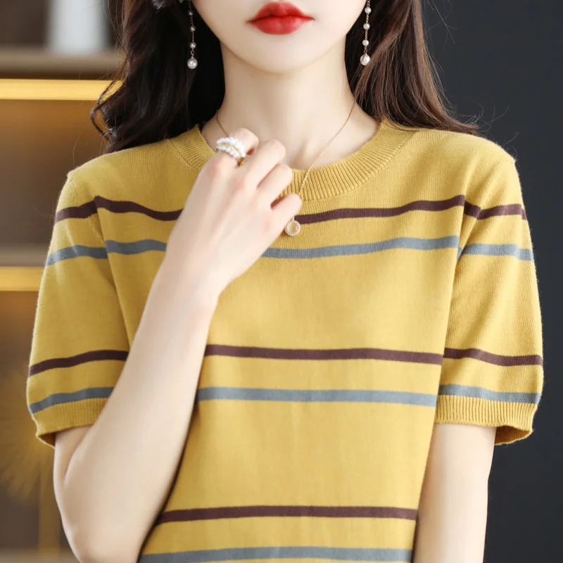 

pure Stripe cotton thread T knit bottom women's summer round collar half sleeve short shirt