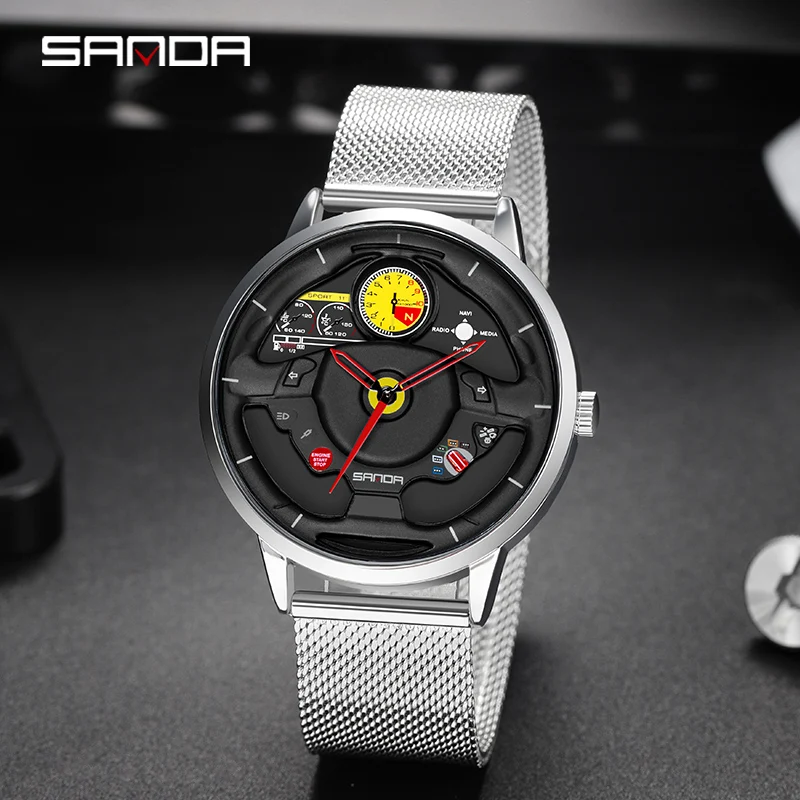 SANDA P1085 New Men\'s Watch Car Steering Wheel Sports Waterproof Stainless Steel Chronograph Quartz  Wristwatch Reloj De Hombre