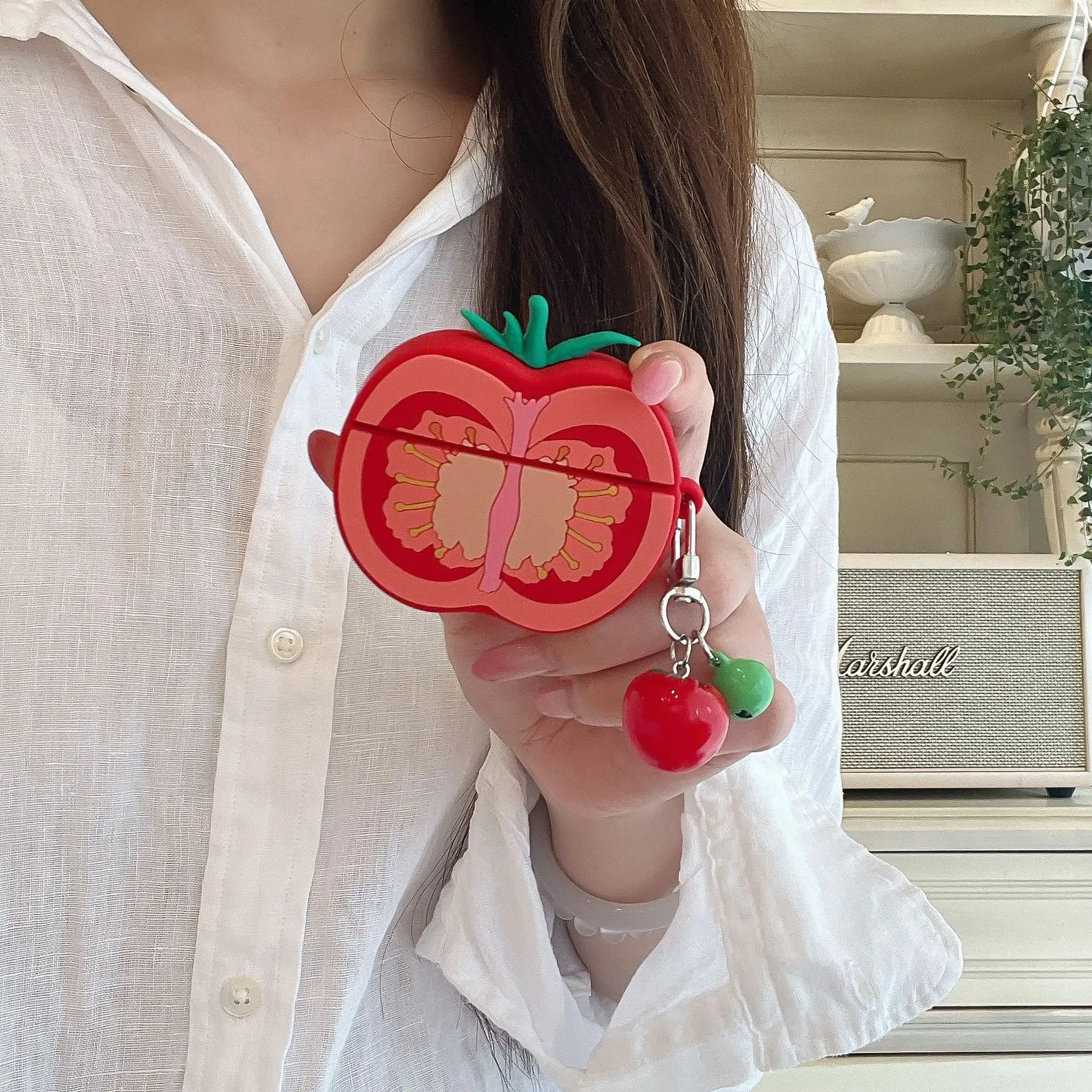 Niedliche 3D-Tomatenscheiben-Silikonhülle für AirPods 4 Pro 2 3 mit Schlüsselanhänger Stoßfeste Schutzhülle – Detail 6
