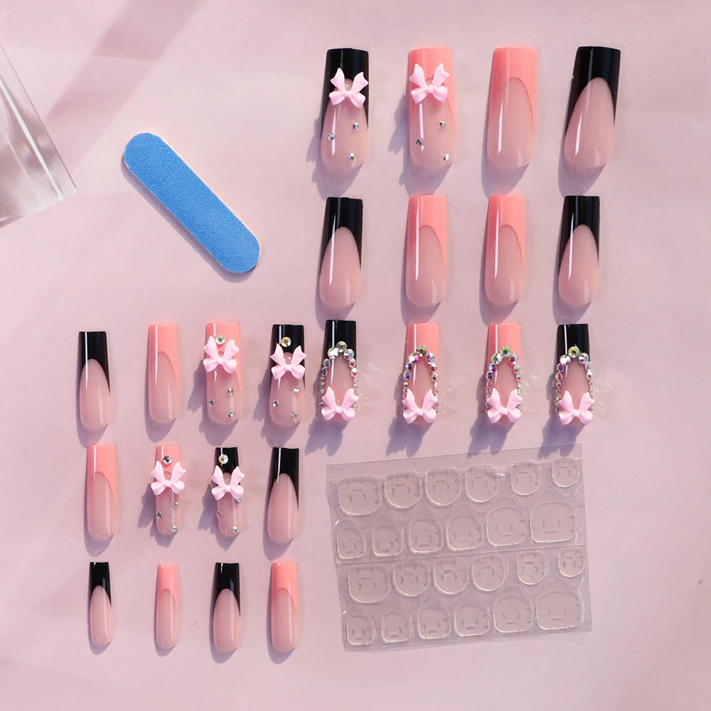 24pcs coffin long press on nails bowknot blcak fake press on nails white pearl summer nails sweet french tip press on nails cute