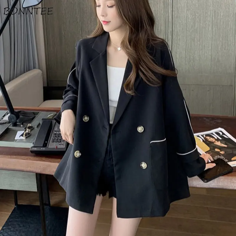 Blazers Women Clothing Temper Elegant Office Ladies Big Pockets Double Breasted Designer Minimalist Kpop Fashion Pallened Casual