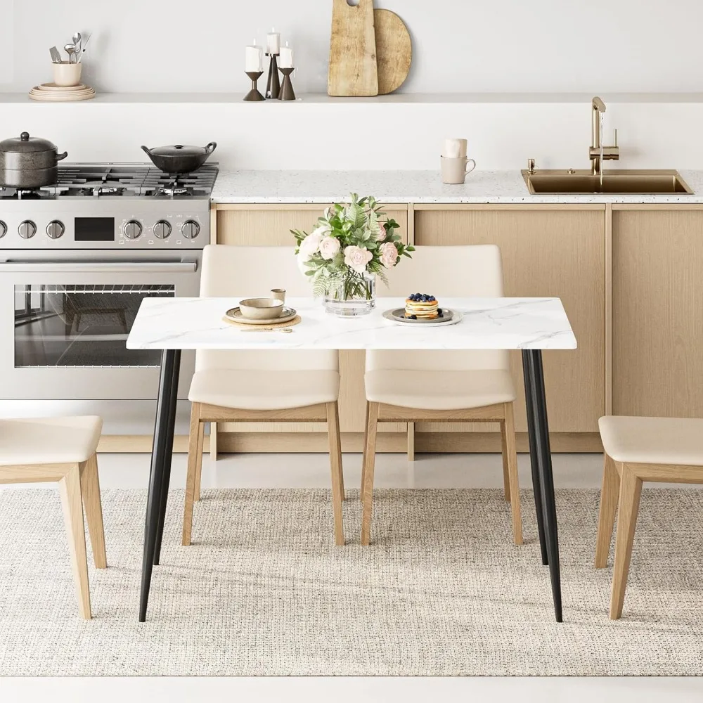 Modern Rectangular Wood Dining Table for 4-6, Indoor Metal Frame Kitchen Table with Legs