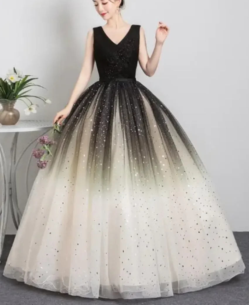 Vestido de quinceañera para graduación, traje de baile con manga y lentejuelas, color negro, a juego, con cuello en V, 2023