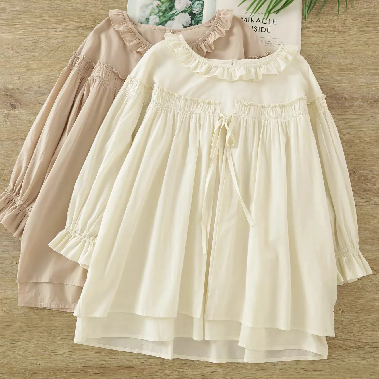 

2026 Women's Ruffle Neck Tie-Waist Blouse Mori Girl 100% Cotton Long Sleeve Babydoll Top Sweet Cottagecore Shirt