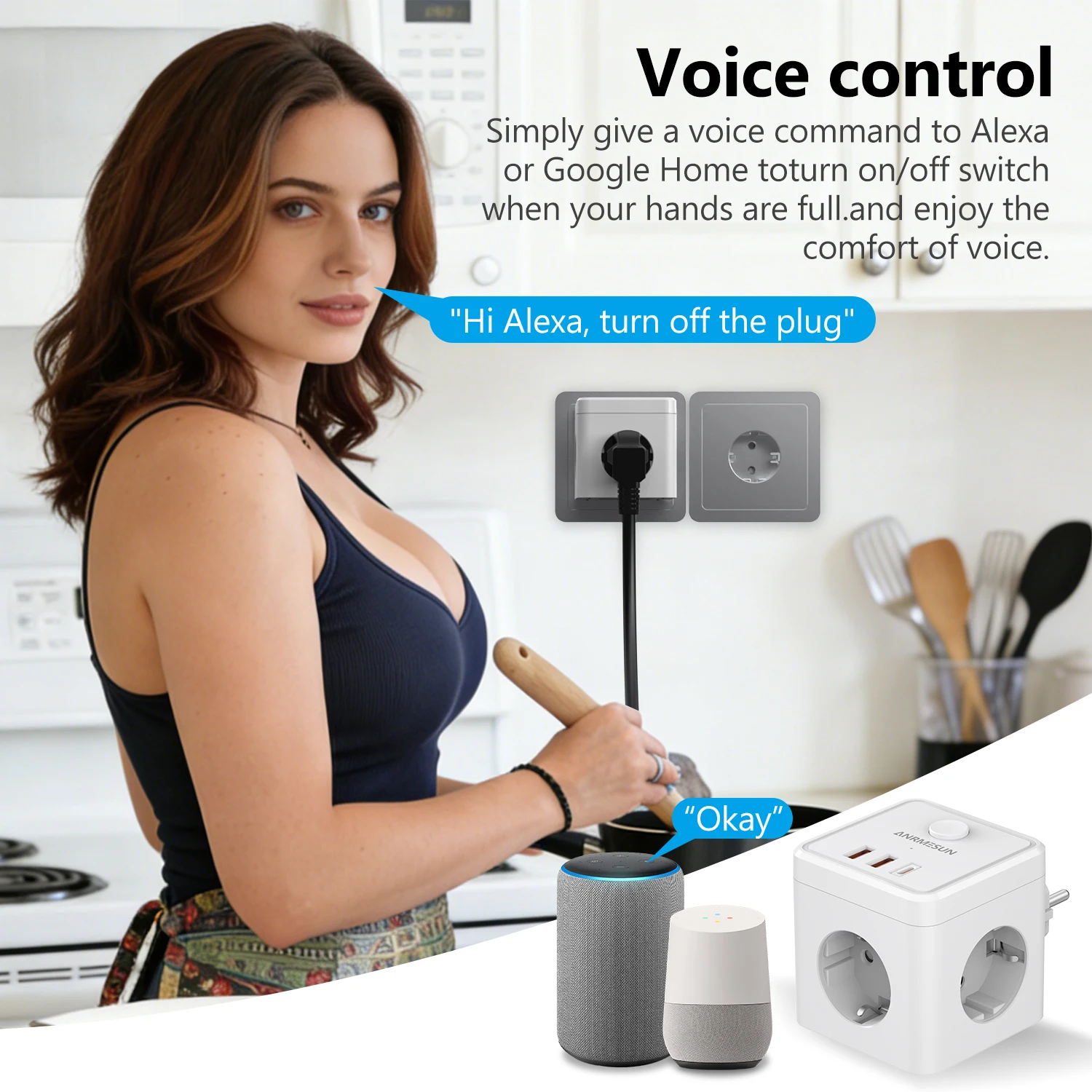3 EU Plug 2 USB-A 1 Type-C Port Charging Plug Wifi  Smart Home 10A/16A EU Socket Voice Controal for Alexa Google Home Appliance view 5