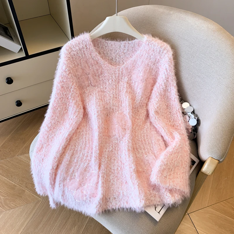 

Женский свободный свитер из искусственного меха V-Ne iny с блестками и цветочным принтом, осень-зима, милый топ без рукавов, Новое поступление 2025, полиэфирное волокно