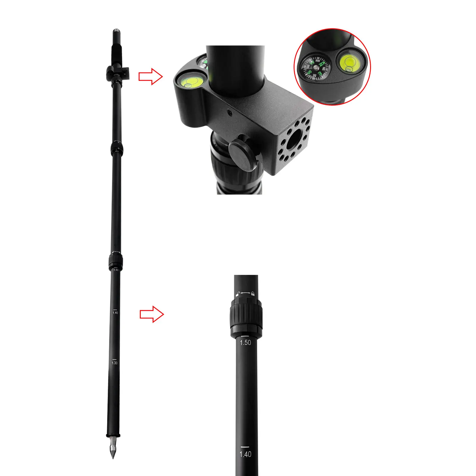 150CM TELESCOPIC PORTABLE GNSS GPS SURVEYING CENTERING POLE WITH CLAMP WITH COMPASS LEVEL BUBBL