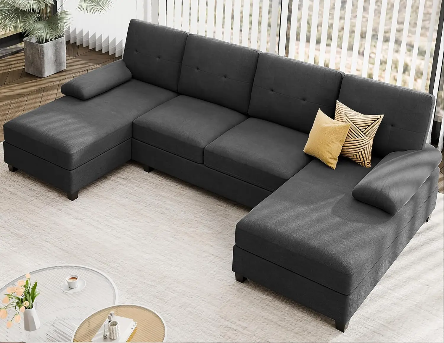 Sectional Sofa Couches for Living Room,Furniture Sets Clearance, 4 Seat U Shaped Sofa Sectional Couch with Chaise, Black Grey