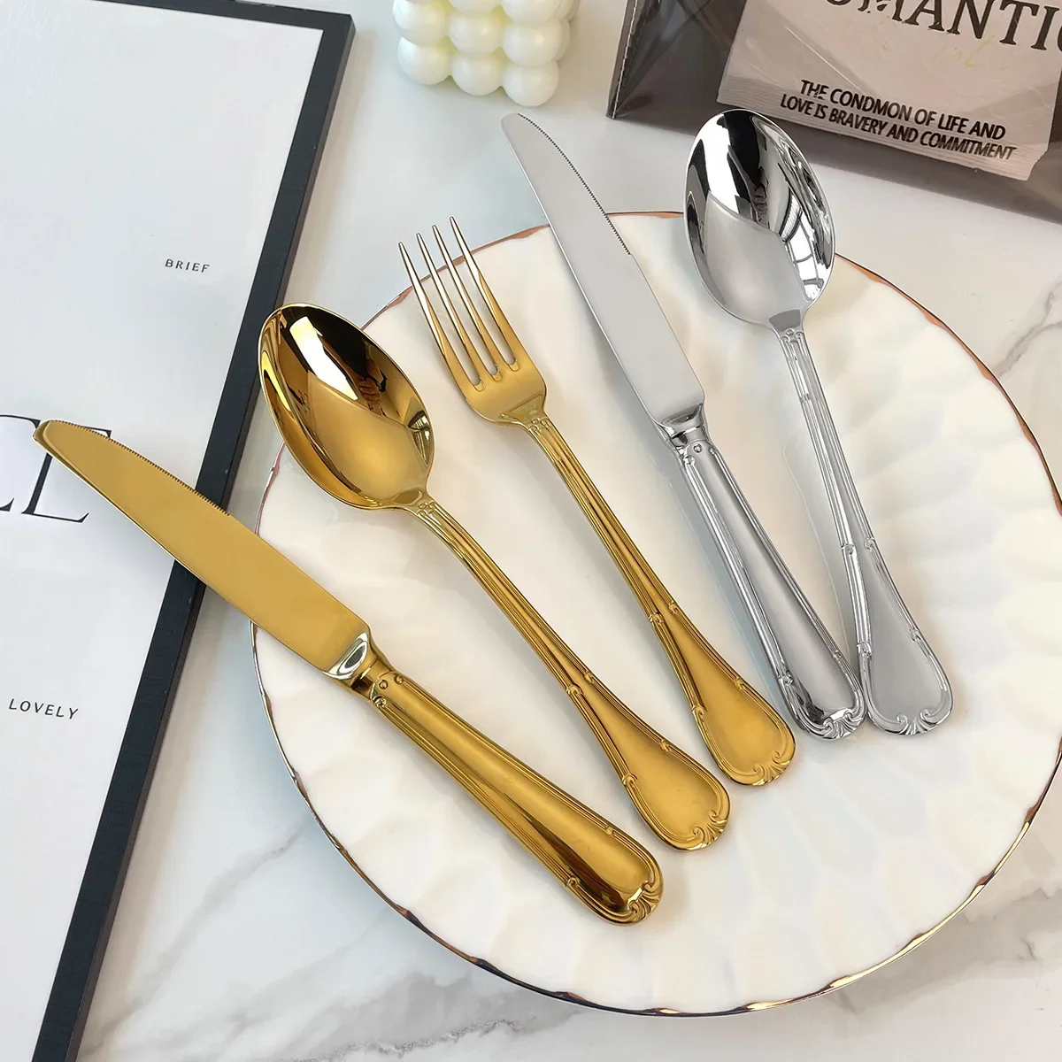 4Pcs 304 stainless steel dinnerware high appearance level steak cutlery set light luxury vintage fine a set of cutlery flatware