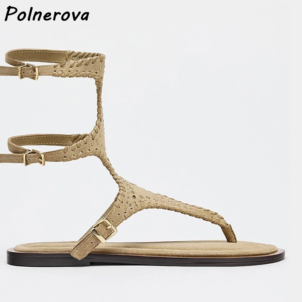 Boho Hollow Rivet Flat Sandals Multi Buckle Ankle Wrap Gladiator Flip Flops Shoes Suede Cutout T-Strap Summer Beach Women Shoes