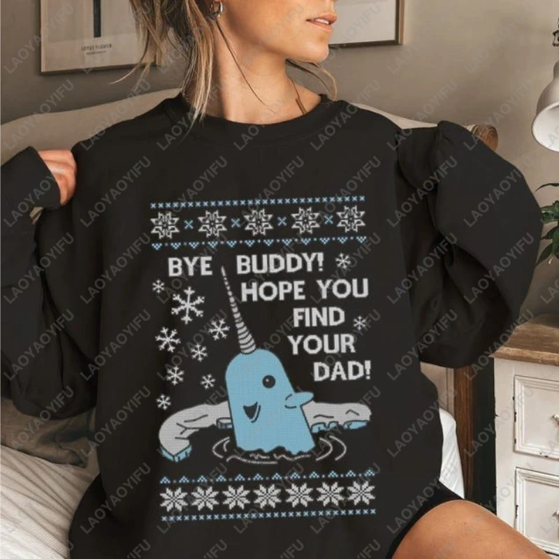 Bye Buddy Weihnachts-Cartoon-Sweatshirt „Hope You Find Your Dad“, Elfe, Narwal, lustiger Weihnachts-Damen-Kapuzenpullover, festlicher Urlaub, Party-Kapuzenpullover