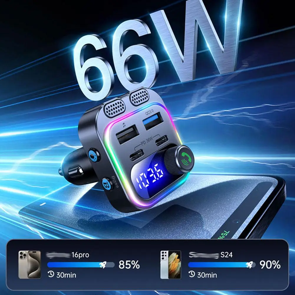 سيارة ولاعة السجائر شاحن شحن سريع بلوتوث 5.4 FM الارسال 12 فولت/24 فولت PD 36 واط USB QC3.0 يدوي عدة الضوء المحيط #5