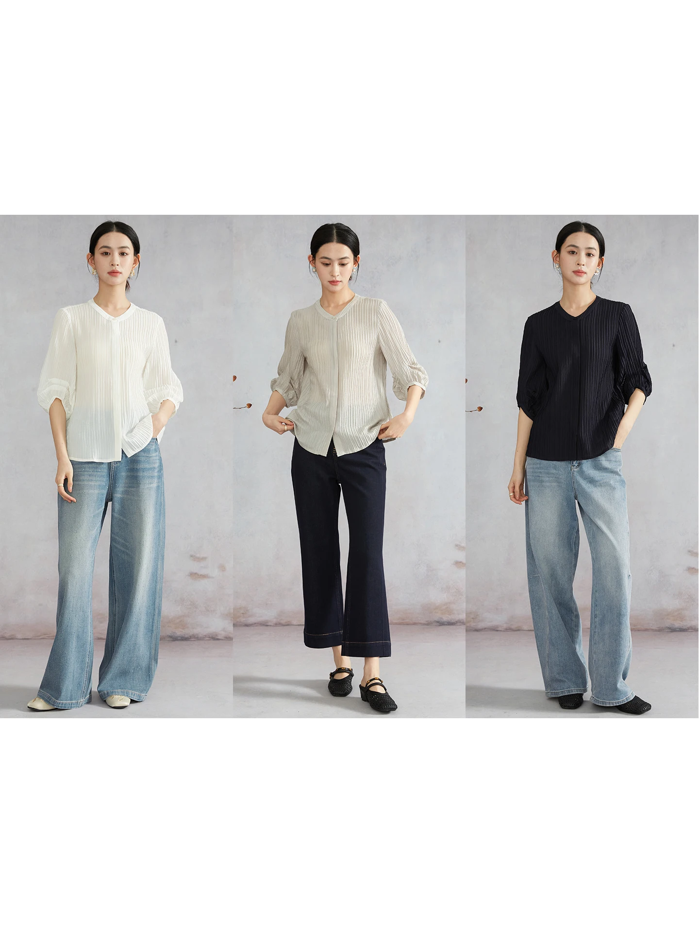 

Silk round Neck Seven Sleeve Women's Shirt Loose Fit Slimming Casual Style Silk Blend Elastic Fiber Soft Texture