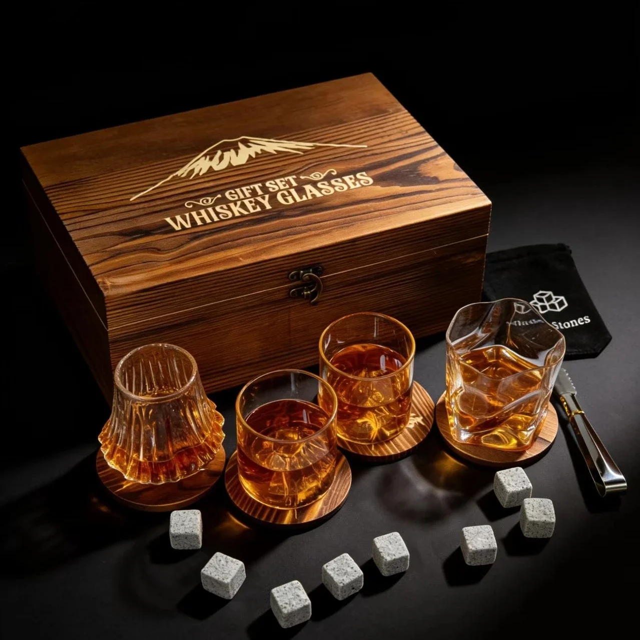 4 Different Designs Japanese Whiskey Cup Set Wine Glass Stone Ice Cube Wood Coaster Best Festival Gift Present For Dad Husband