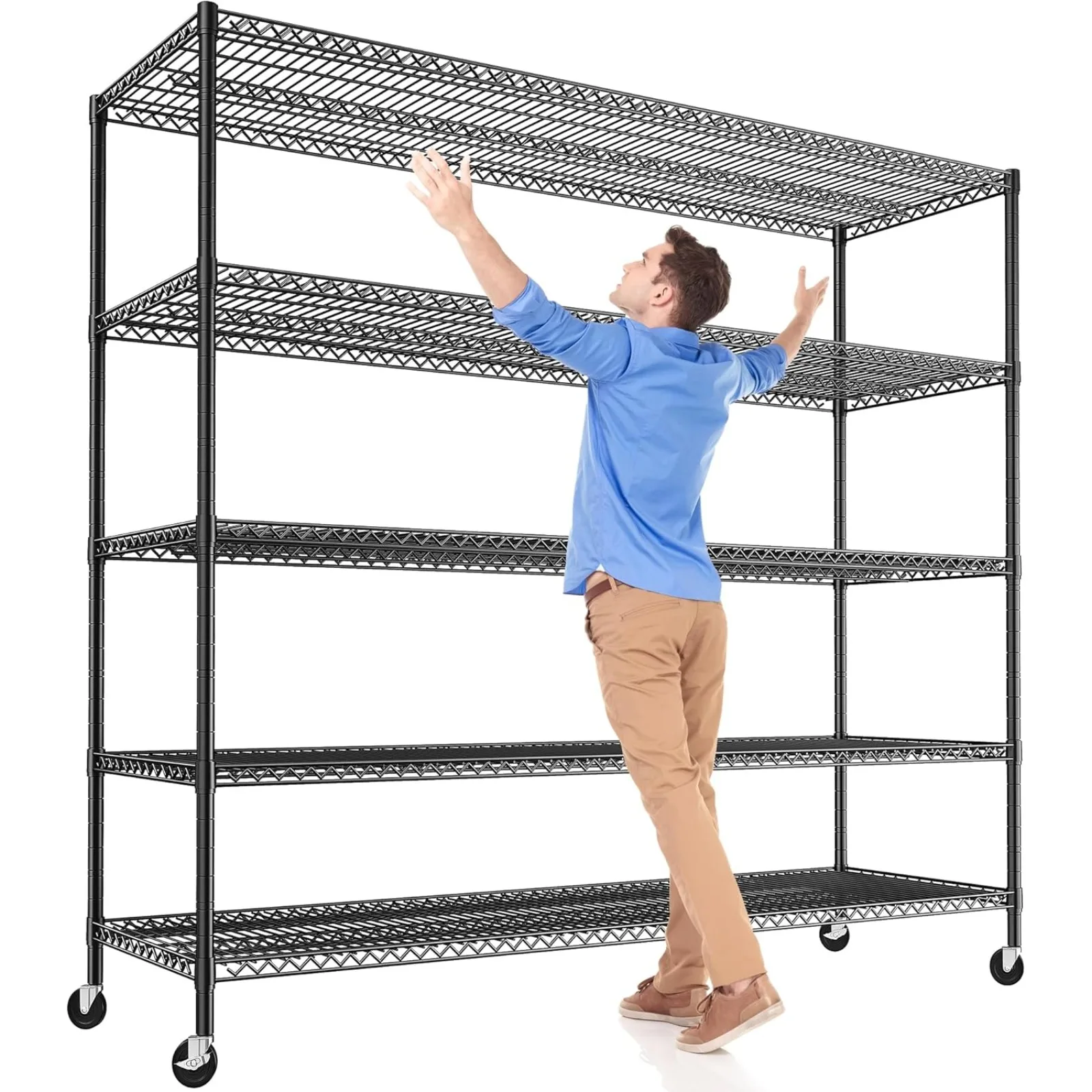 

US 85.7"H Storage Shelves 3200LBS 5 Tier Wire Shelving Unit with Wheels 55.5" W Heavy Duty Shelving Rack