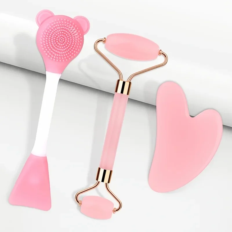 Ensemble de rouleaux faciaux et de planches de massage en jade naturel pour le visage, le cou et le corps – Outils de beauté portables en quartz rose pour le soin de la peau