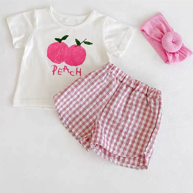 Fashion 2pcs Baby Girl\'s Short Sleeve Suit Fruit Print Sets Kids T-shirts +shorts Plaid Clothing Toddler Princess Girl Outfits