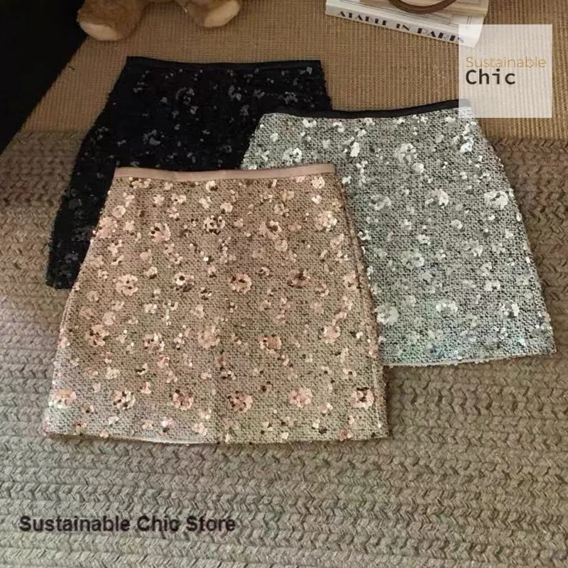 French sparkling sequins color matching high waist skirt women's autumn and winter new fashion temperament Joker hip skirt.