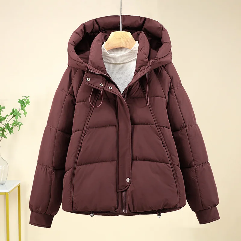 Women Short Oversize Parkas Coats Hooded Jacket Solid Drawstring Hem Zipper Looose Fit Thick Casual Office Lady Winter 2025