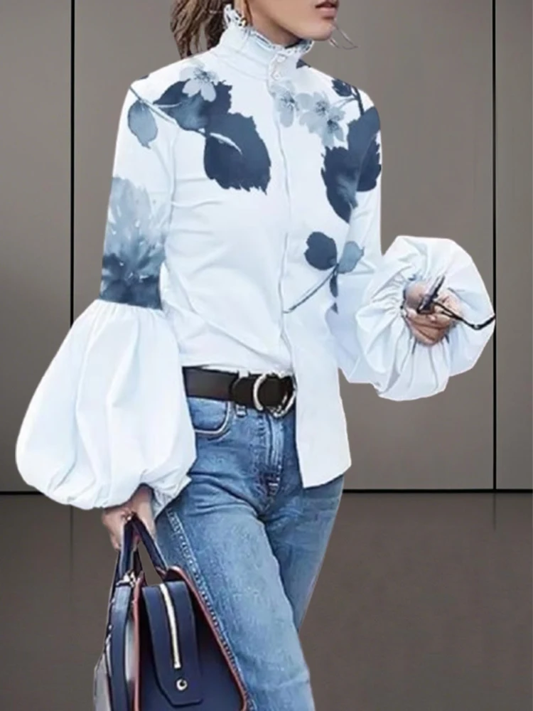 

2025 New Women's Stylish Shirt Top High Neck Lantern Sleeve Buttoned Blouse Printed Slim Fit T-shirt for Office Ladies
