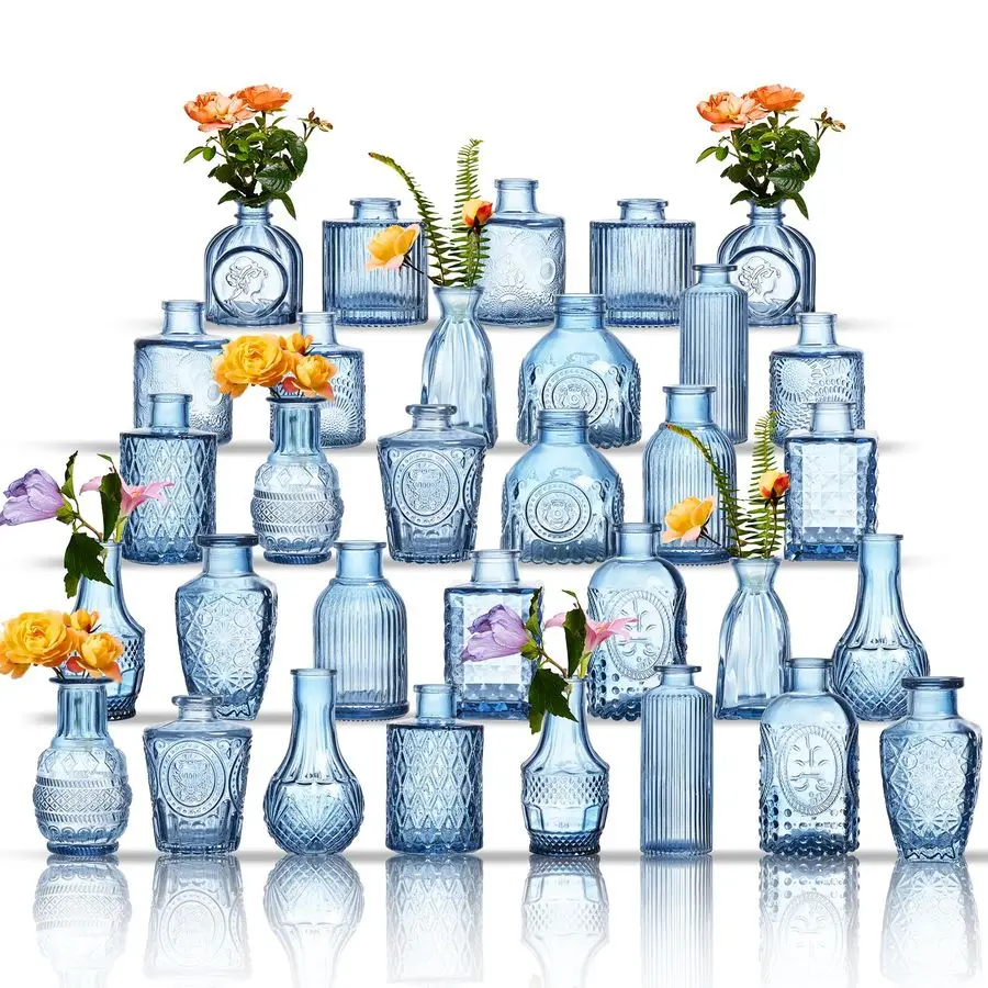 

Bud Vases Set of 32 Blue Assorted Small Mini Glass Vases for Flowers, Crystal Vintage Vase Set, Bulk Centerpieces f Customizable