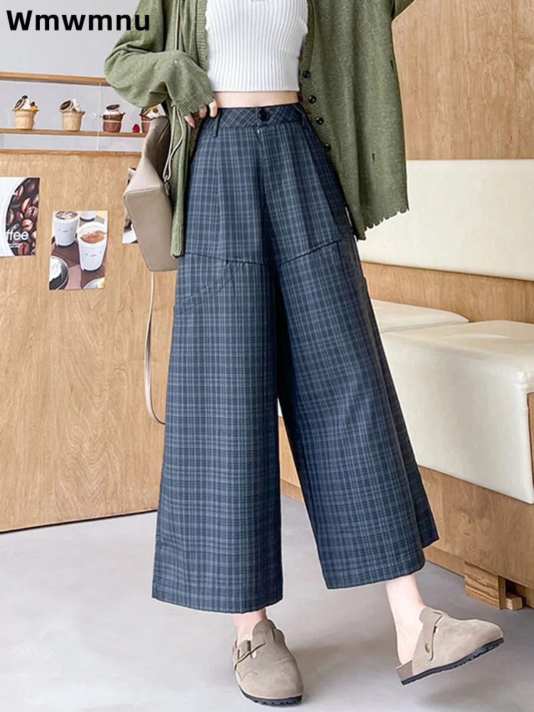 

Мешковатые брюки длиной до икры с высокой талией, женские повседневные свободные брюки в клетку, широкие прямые модные брюки для костюма