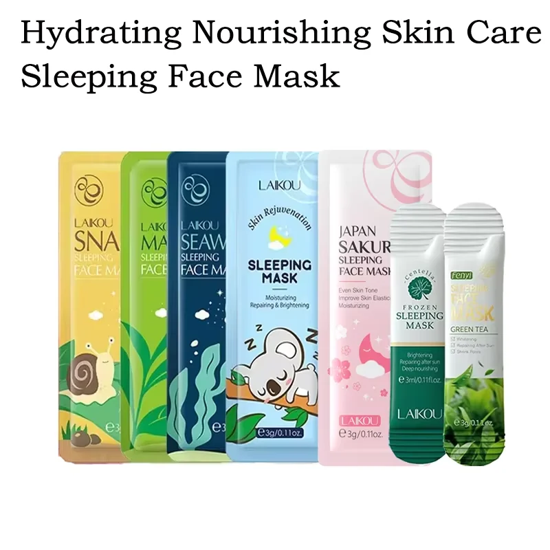 LAIKOU - Juego de 7 Mascarillas Faciales Nocturnas con Baba de Caracol, Algas Marinas, Sakura, Centella Asiática y Té Verde para Hidratación y Reparación de la Piel