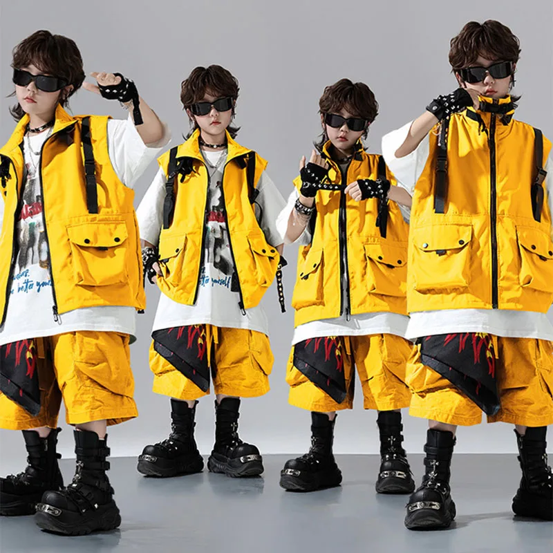 

Kid Kpop Hip Hop Clothing Yellow Strap Pocket Sleeveless Jacket Vest Casual Cargo Shorts for Girl Boy Dance Wear Costume Clothes