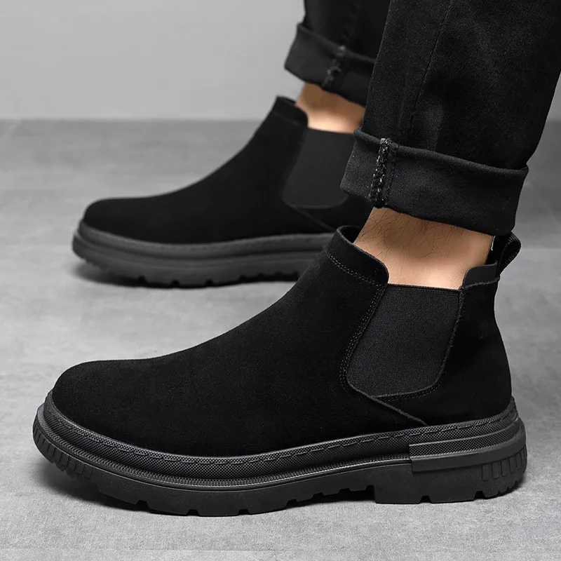 أحذية رجالية كاجوال من جلد البقر المدبوغ سهلة الارتداء للخريف والشتاء أحذية سوداء أنيقة كاوبوي منصة التمهيد مكتب الأعمال الكاحل بوتاس