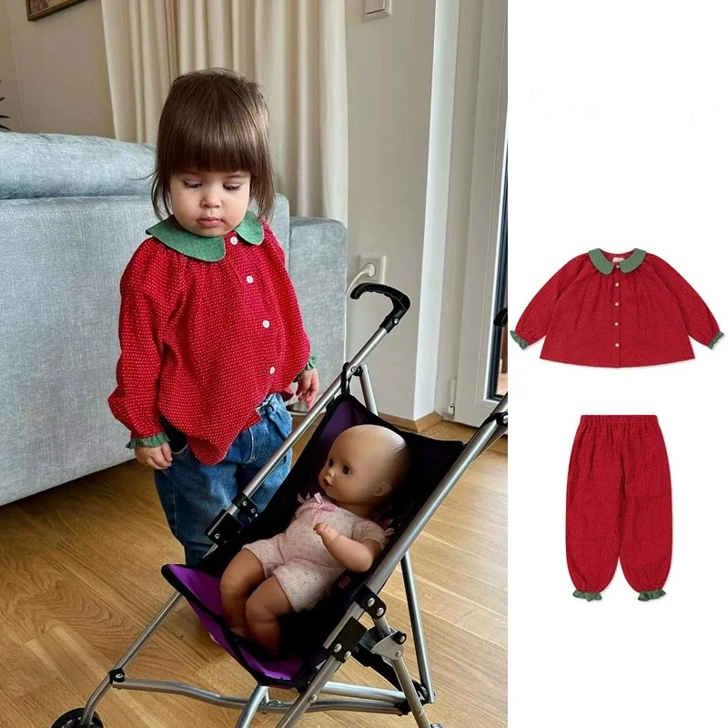 Spring and Autumn Children Sets New Girls' Suit  Red Strawberry Polka Dot Long-sleeved Blouse Top and Long Pants