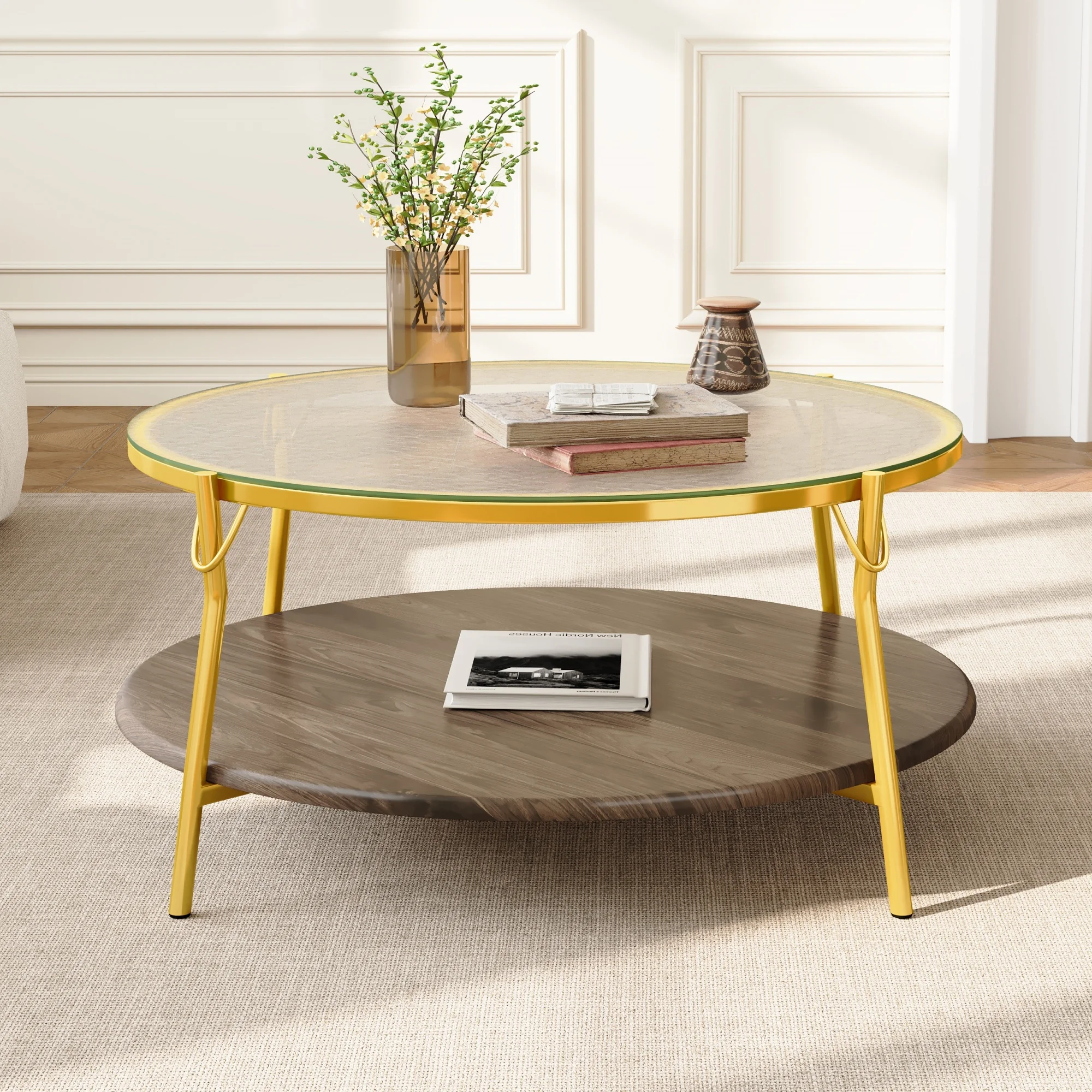 Modern style round walnut two-story coffee table, glass top, gold base, suitable for living room