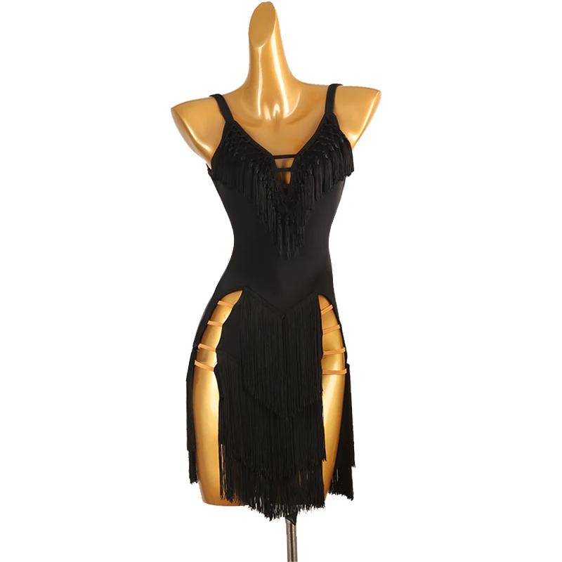 

Black Latin Dance Dress Practice Wear Prom Clothes Women Competition Party Suit Stage Costume Female Ball Line Tassel Skirt