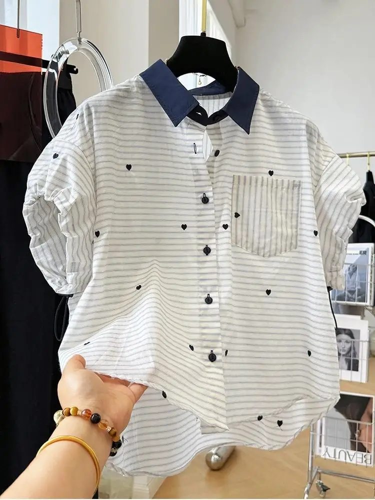 

Fashion Women Short Shirt Lapel Half Puff Sleeve Pleated Turn-down Heart-shaped Embroidery Female Top 2025 Summer Lady Shirts