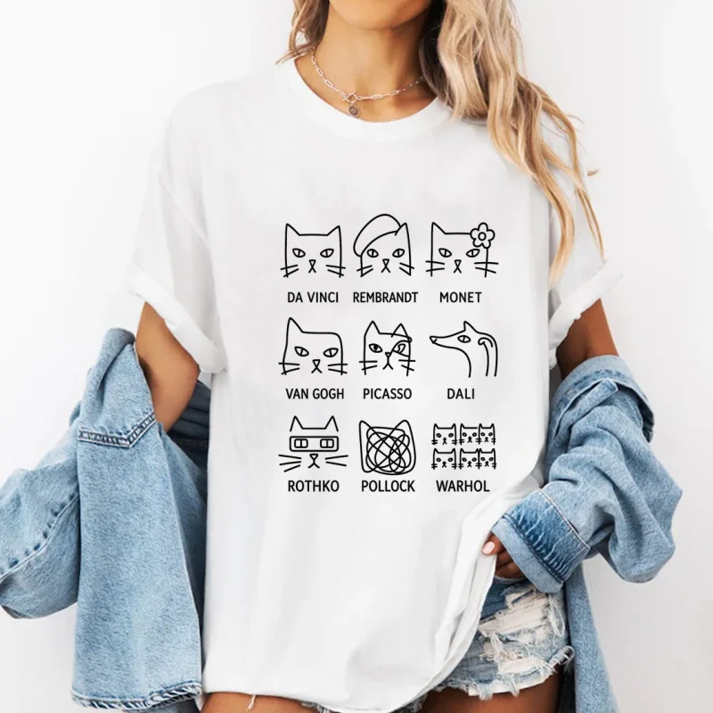 Artistic Cats Graphic T Shirts Casual Round Neck Printed Tshirts Short Sleeve Tshirts O-neck Tees Woman Tops