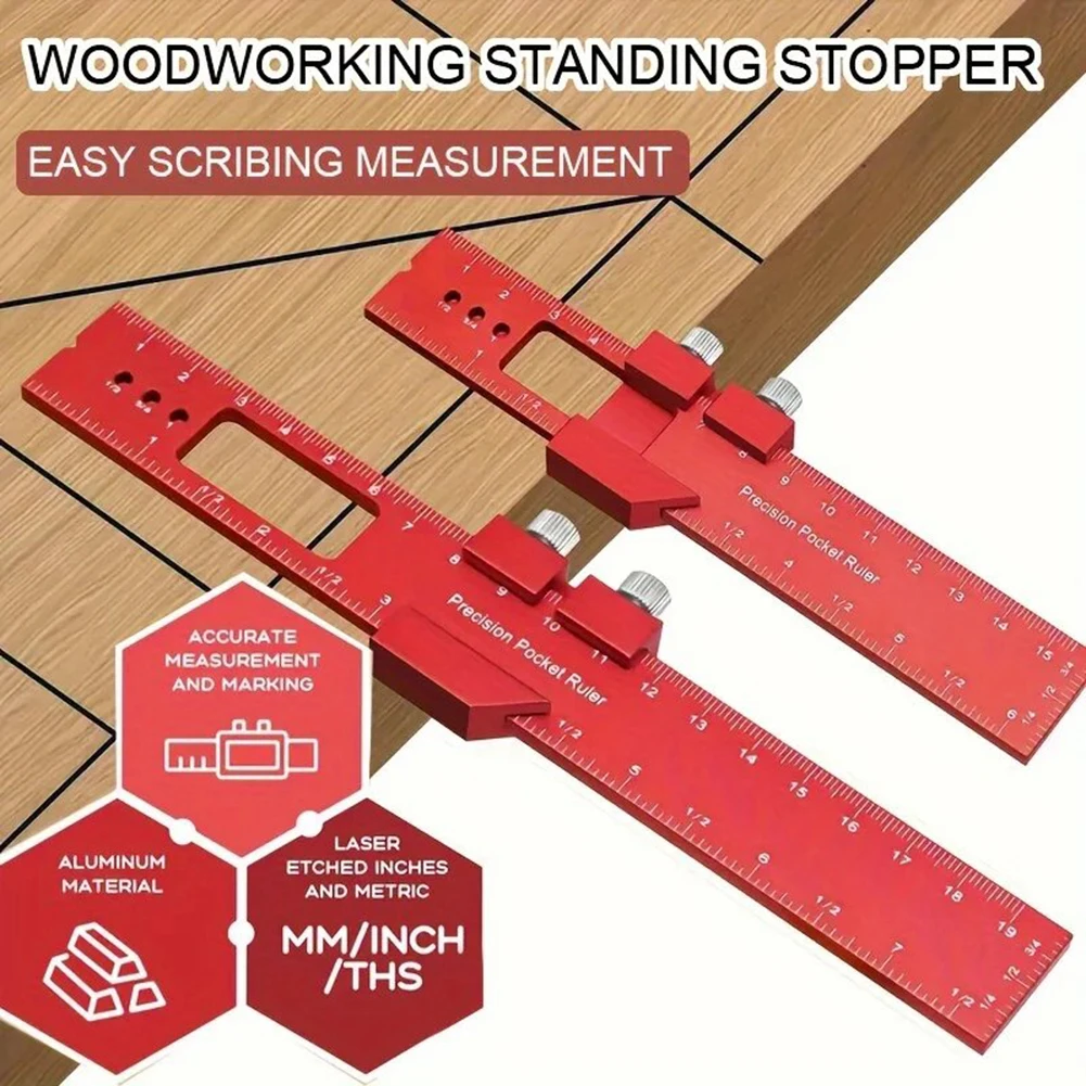 Aluminiumlegierung T-förmiges Markierlineal Holzbearbeitungs-Anreißlineal mit verstellbarem Gleitstopper für Heimwerker und Möbelrenovierung
