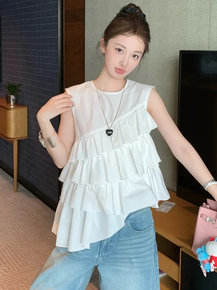 Chiffon Weiß Damen Blusen Rüschen Koreanische Shirts MODE Lose Sommer Casual Kleidung Solide Ärmellose Frauen Tops