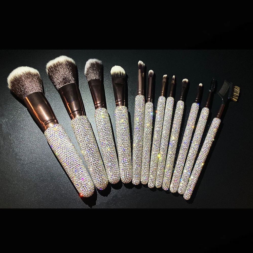 12 Sets Makeup Brushes Rhinestone Make Up Loose Powder Eye Shadow Brush Travel with Cosmetic Bag Dustproof Organizer Gift