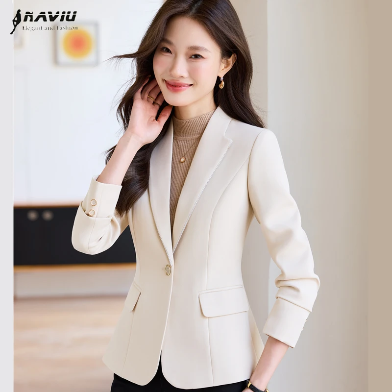 

NAVIU Fashion Blazer For Women Elegant Office Casual Long Sleeve Jacket Single Button Turn Down Collar Office Ladies Work Coat