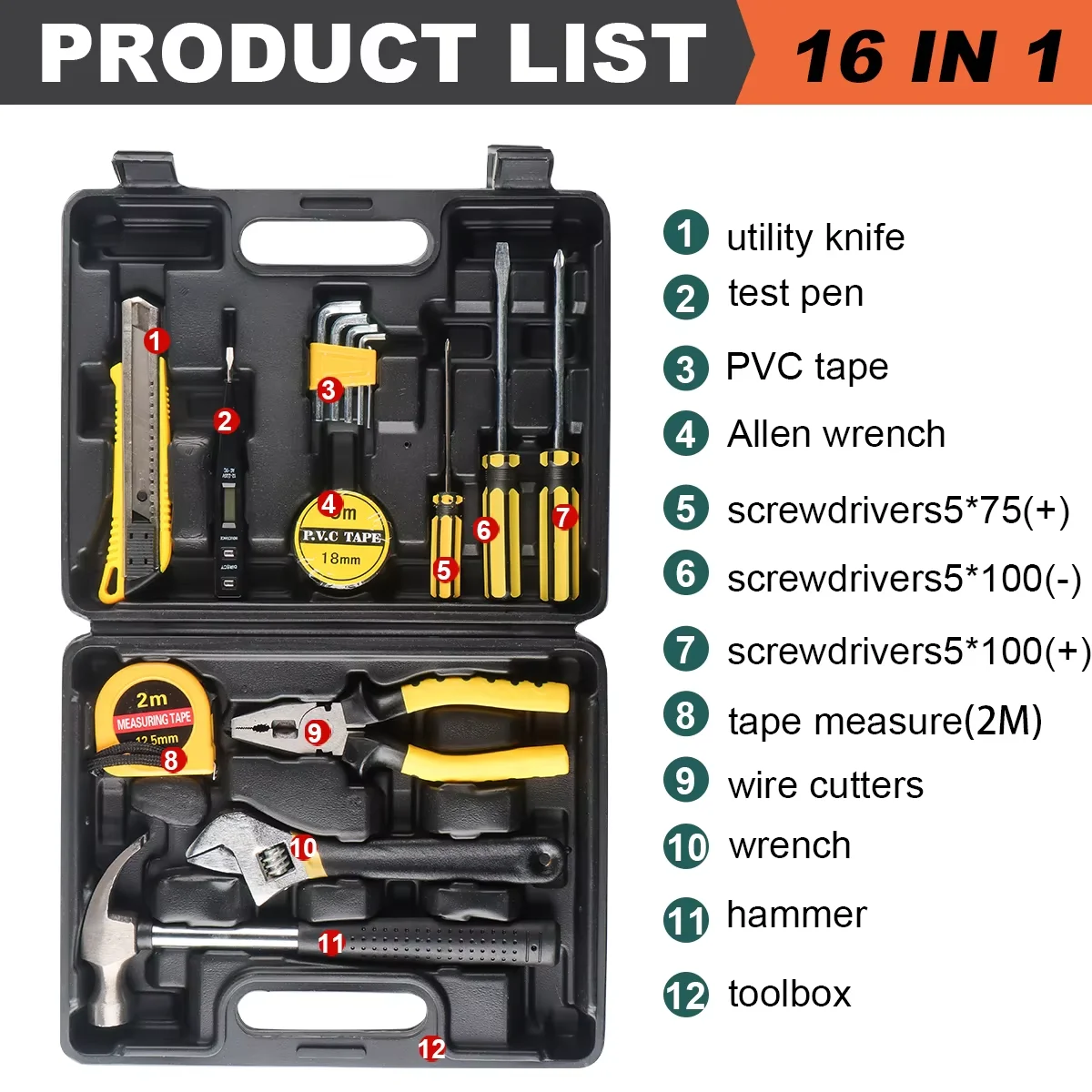 

Tools Set General House Hold Hand Tool Kit with Plastic Toolbox Storage Case Used To Car Repair and Home Repair 16PCS
