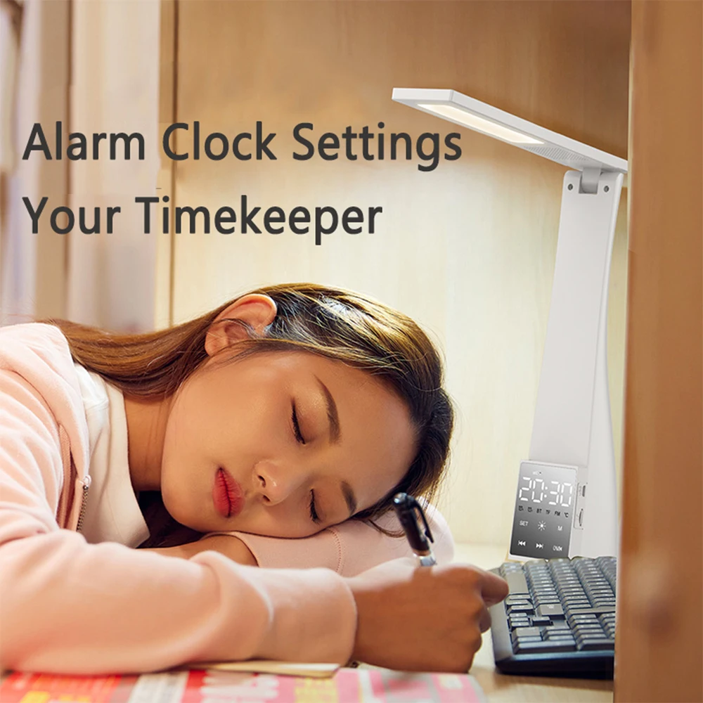 Светодиодная настольная лампа с Bluetooth-динамиком, термометром и будильником, регулируемой яркостью, Складная Настольная лампа с сенсорным управлением, ночсветильник для чтения с защитой глаз