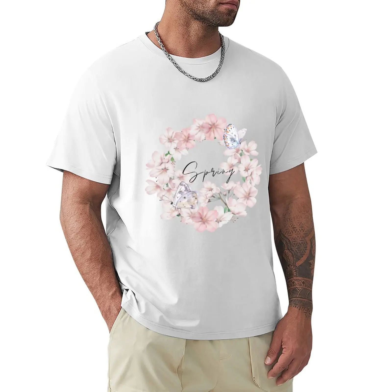 Spring illustration: romantic light pink flowers wreath with butterflies T-Shirt oversized aesthetic clothes mens t shirts