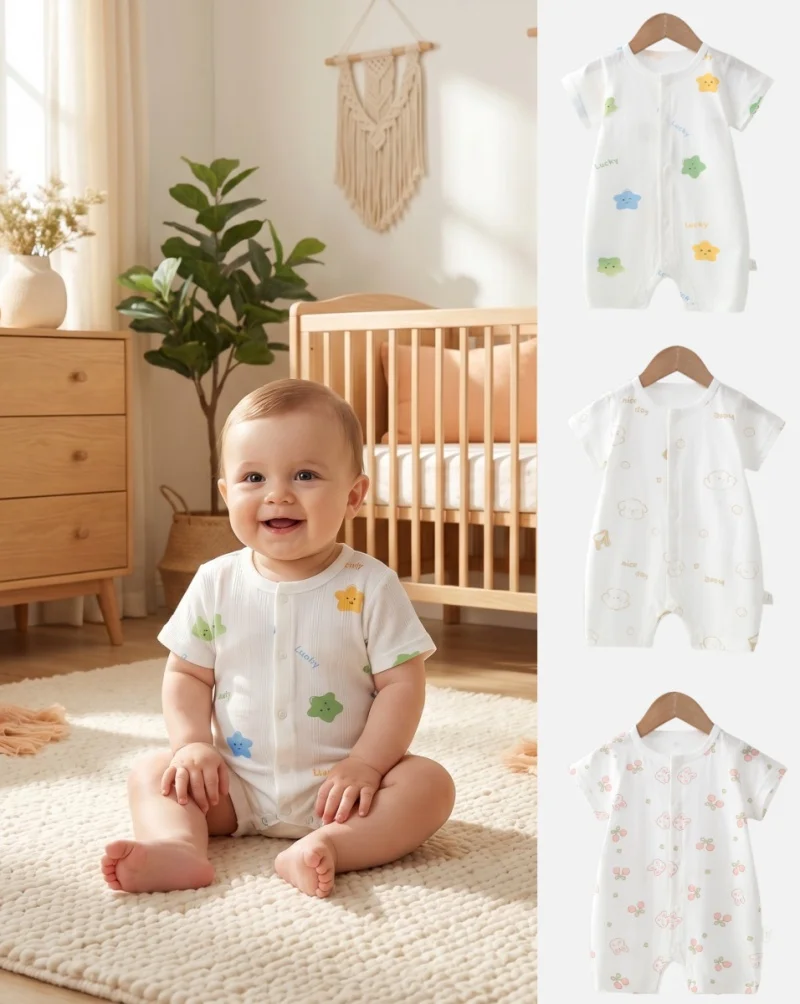 New Summer Baby Short Sleeve Romper Cartoon Star Print Newborn Cotton Onesie Skin Friendly Infant Closed Crotch Jumpsuit