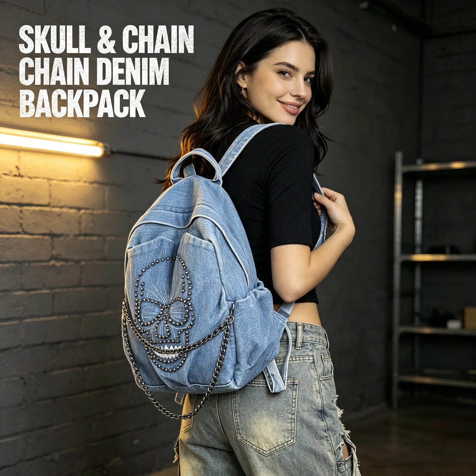 Y2K Denim Backpack Women Skull, Rivet Chain Shoulder Bag Casual, Streetwear Rucksack Cool Gothic Travel, School Bags Female Gift