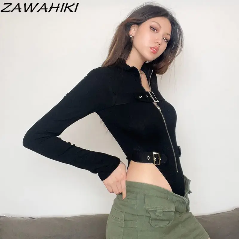 Y2K Aesthetic Clothes Zipper Designed Solid Color High Waist Slit Stand Collar Slim Long Sleeve Fashion Vintage All Match Tops