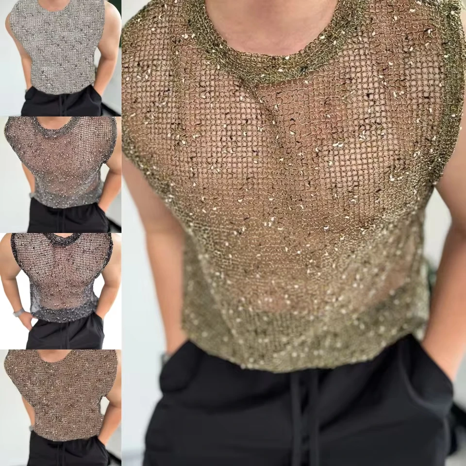 Nightclub Men's Sexy Knitted Sleeveless Top Hollow Grid Vest T-Shirt Top Sexy Party Dress