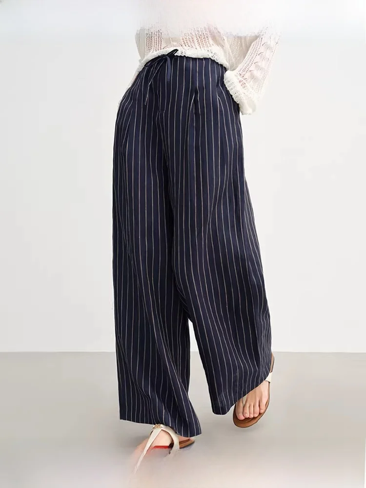 

Брюки с высокой талией, прямые, широкие, в полоску, универсальные, повседневные, для полных женщин, летние, новинка, стильные