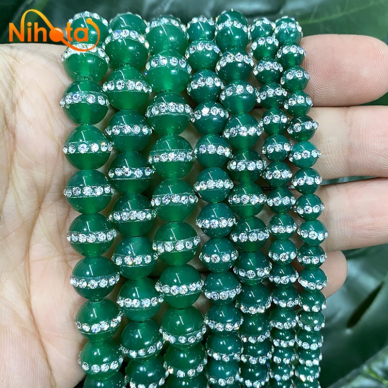 

Ring Diamonds Smooth Natural Green Agates Round Loose Beads for Jewelry Making Bracelet Earrings DIY Bead Perles 15" Strand