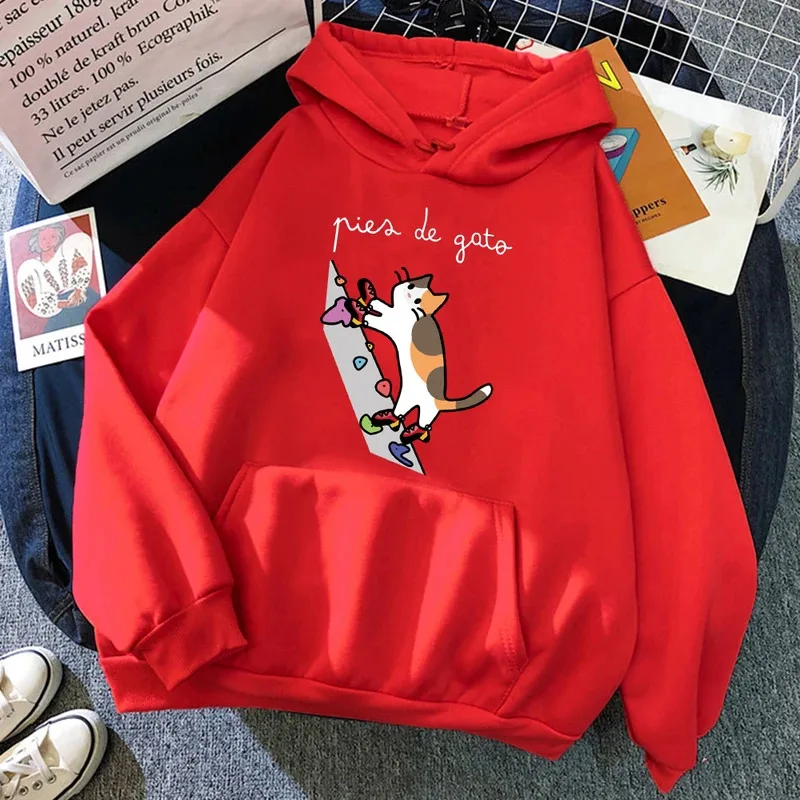 Cat Rock Climb Cute Prints Women Hoodies Autumn Y2K Pocket Hoody Casual Jogging Unisex Sportswear Fleece All-Match Pullovers